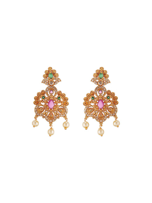 Combo Gold Plated AD & Pearl Studded Temple Peacock Bridal Jewellery Set