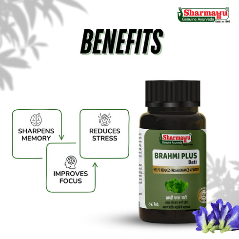 Sharmayu Ayurveda Brahmi Plus Bati Brahmi Bati Buddhi Vardhak Ayurvedic Stress Relief and Memory Booster 60 Tablets