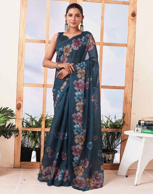 Sudathi Ready To Wear Dusty Rama Blue Printed Cotton Saree