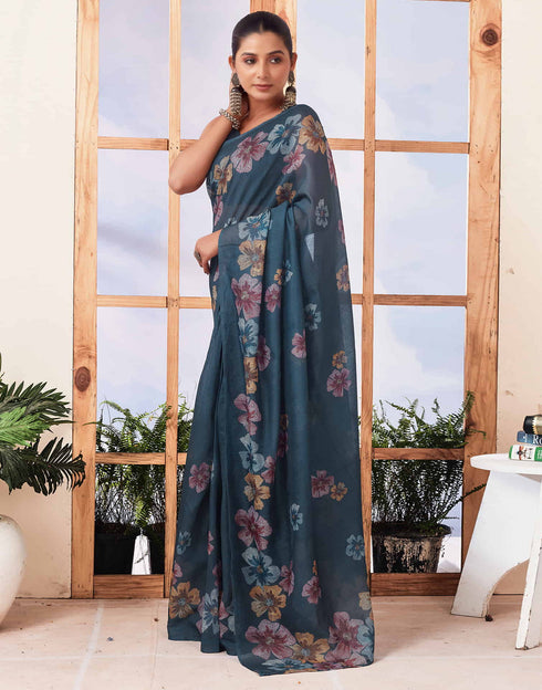 Sudathi Ready To Wear Dusty Rama Blue Printed Cotton Saree