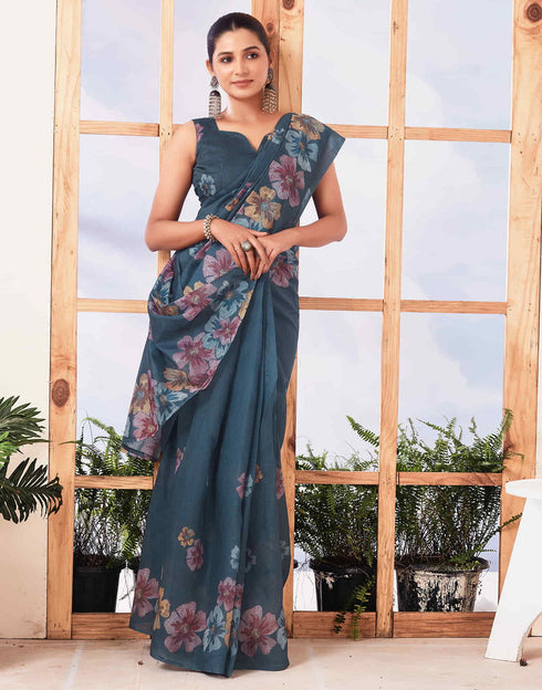 Sudathi Ready To Wear Dusty Rama Blue Printed Cotton Saree
