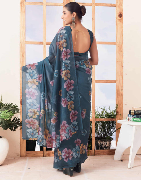 Sudathi Ready To Wear Dusty Rama Blue Printed Cotton Saree