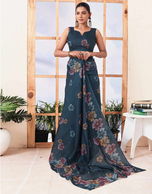 Sudathi Ready To Wear Dusty Rama Blue Printed Cotton Saree