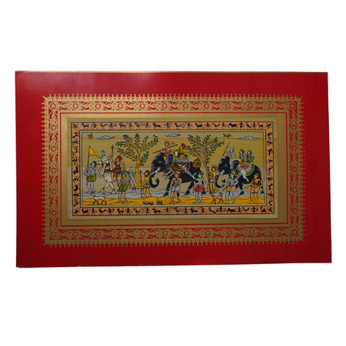 Palm Leaf Handmade Painting of Royal Elephant Procession with Attendants