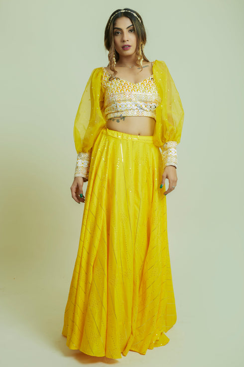 Kzari Lemon Yellow Crop Top and Skirt Set