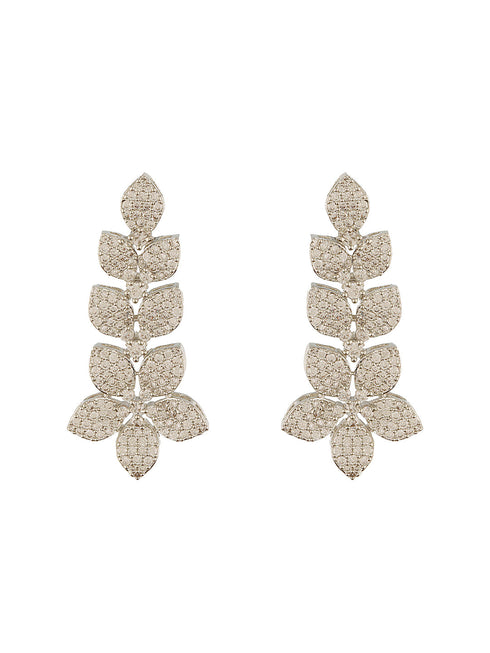White Rhodium Plated Cubic Zircon Studded Statement Floral Luxe Necklace Jewellery Set