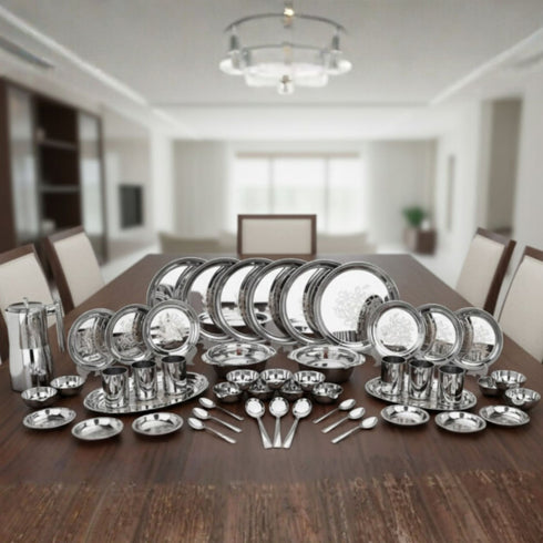 Vinod 51 Pieces Laser Stainless Steel Dinner Set Heavy Gauge steel Tough and Strong Durable shine Dishwasher safe and ISI certified
