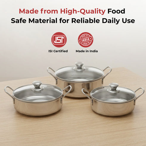 Vinod Stainless Steel Elite Bowl 3 Pcs Set with Glass Lids and Side Handles Highest Grade Stainless Steel Mirror Finish Strong and Sturdy Build