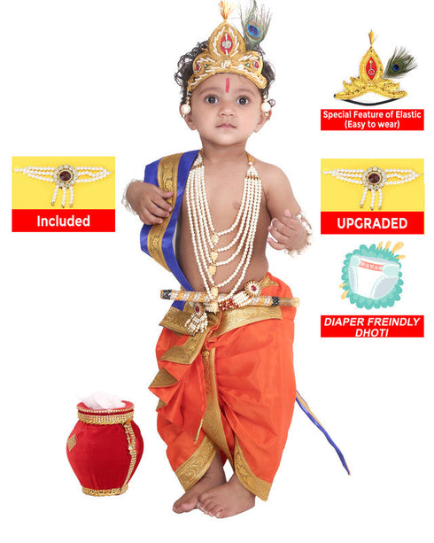 Raj Fancy Baby Krishna Orange and Blue Brocade Fabric Janmashtami Mythological Character Costume