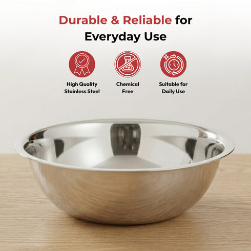Vinod Stainless Steel Basin 6 Litre Highest Grade Steel Tough and Strong Rust Free Multipurpose Bowl Diameter 38 cm No 18