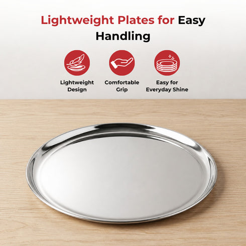 Vinod Stainless Steel Bangla Bogi Plate Lunch Plate Dinner Plate Set of 6 21 cm High Grade Stainless Steel Mirror Finish