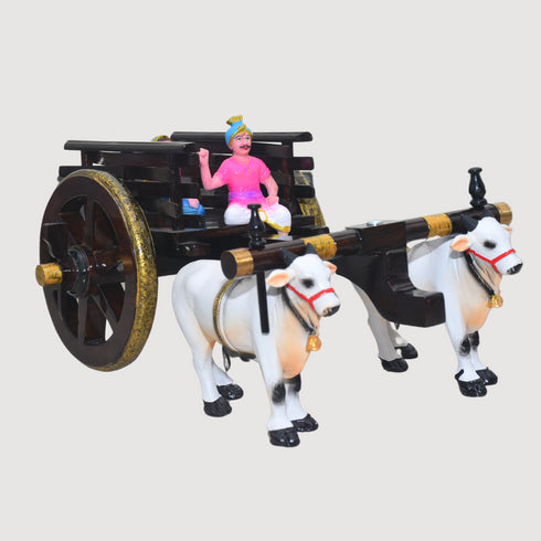Handcrafted Dark Brown Teak Wood Bullock Cart with Bulls & Farmer