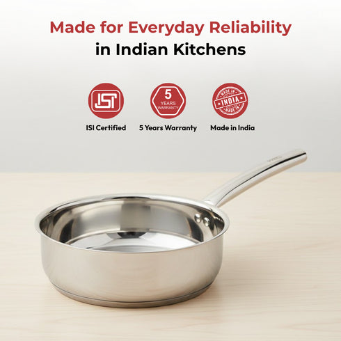 Vinod Doniv Majestic Stainless Steel Sandwich Bottom Fry Pan Capacity 2.5 Ltr 22cm Induction base