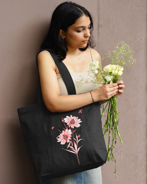 Ecoright Happy Flowers (Black) Large Zipper Tote Bag