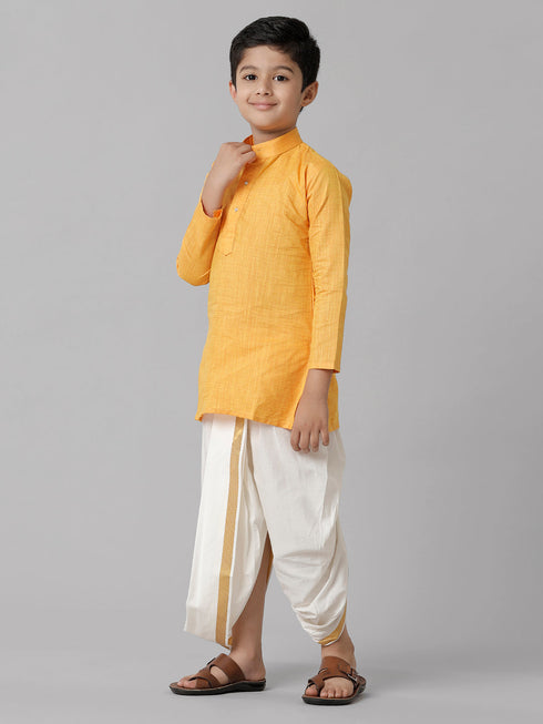 Ramraj Cotton Boys Yellow Kurta with Cream Elastic Panchakacham Combo FS1