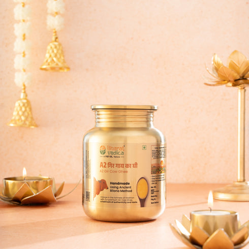Bharat Vedica Pure A2 Gir Cow Ghee A2 Bilona Ghee Now in SS Jar Packaging with Free Ghee Pot