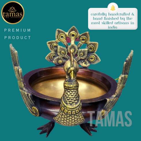 Tamas Brass Handcrafted Ethnic Peacock Carving Design Urli Showpiece