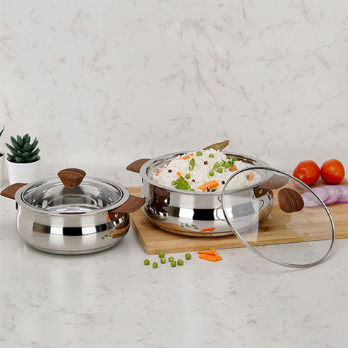 Vinod Stainless Steel Aroma Insulated Casserole with Glass Lid and Wooden Knob Set of 2 Pcs Capacity 750 ml and 1250 ml