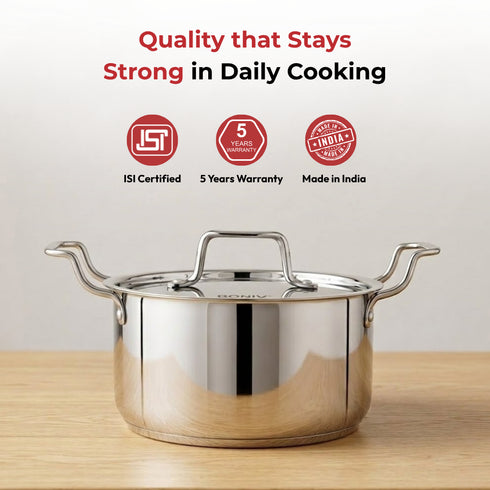 Vinod Doniv Majestic Stainless Steel Sandwich Bottom Sauce Pot With Lid 22 cm 4.5 ltr Induction Friendly