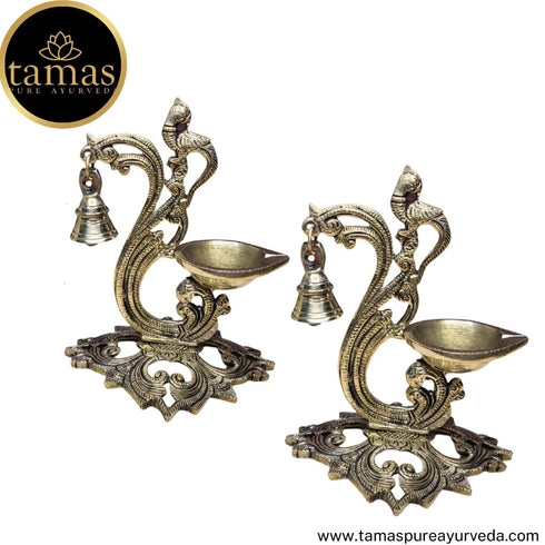Tamas Brass Handcrafted Peacock Diya with Bell with Antique Finish