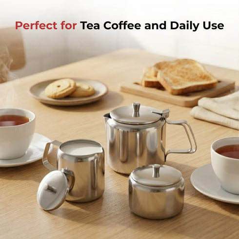 Vinod Stainless Steel 3 Piece Medium Tea Pot Set 750 ml Tea Pot 250 ml Milk Pot and 250 ml Sugar Pot Highest Grade Steel Mirror Finish Rust Free