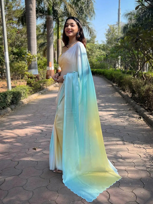 Vasthrlay Yellow Satin Georgette Plain Saree