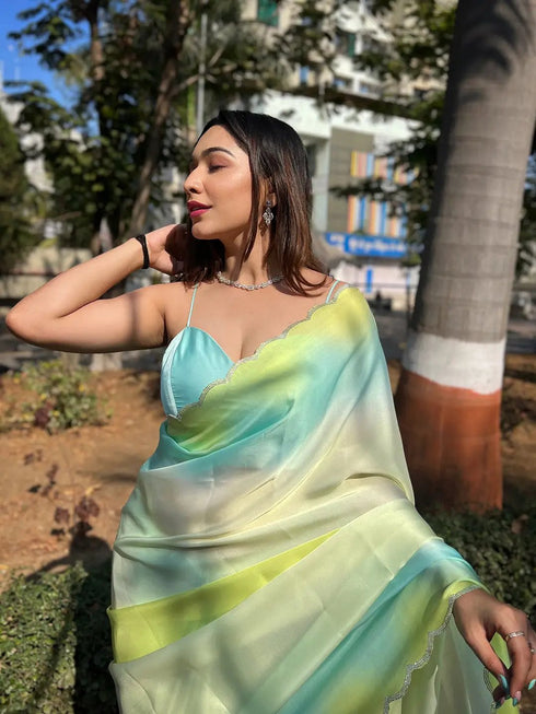 Vasthrlay Blue Satin Georgette Plain Saree