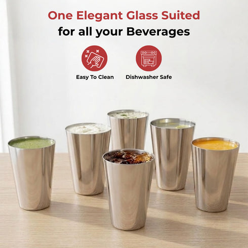 Vinod Stainless Steel Plain Glass Set of 6 350 ml Highest Grade Steel Rust Free Long Lasting and Durable Easy to Clean Dishwasher Safe