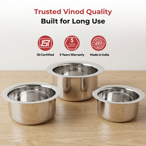 Vinod Stainless Steel Induction Friendly Flat Bottom Cooking Tope With 1.5mm Thickness 18 Gauge Durable Steel 3 Pcs Capacity 1400ml 1800ml and 2300ml No 11 to 13