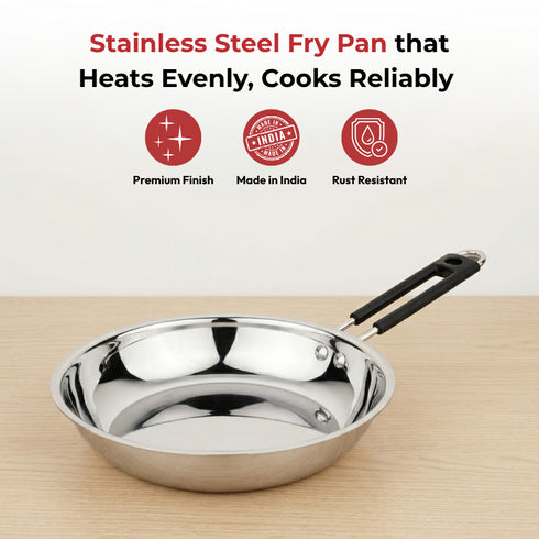Vinod Stainless Steel Heavy Bottom Royal Fry Pan Dishwasher Safe Gas Stove and Induction Compatible Durable 22 Cm Frying Pan Soft Touch Handle Kitchen Utensil