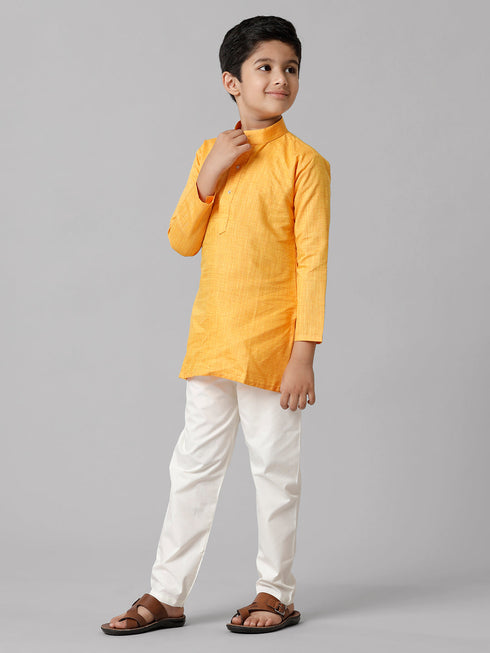 Ramraj Cotton Boys Full Sleeves Yellow Kurta with Cream Pyjama Pant Combo FS1
