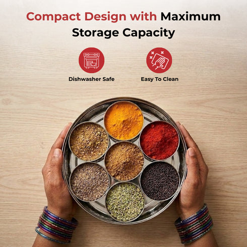Vinod Stainless Steel Masala Dabba Spice Box with 7 Containers Spoon and Inner Lid Mirror Finish Rust Free Build No 12