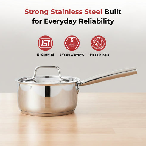 Vinod Doniv Stainless Steel Majestic Sandwich Bottom Sauce Pan 1.1 Liter 14 cms Induction Friendly