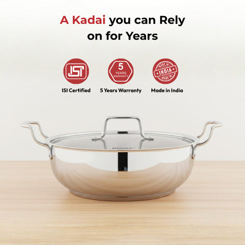 Vinod Doniv Stainless Steel Majestic Sandwich Bottom Kadai with Steel Lid 4 Liter 26 cms Induction Friendly