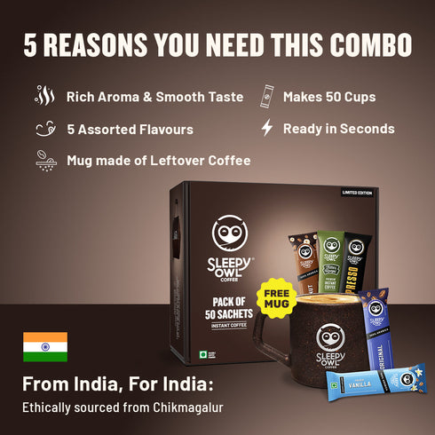 Sleepy Owl Coffee Pack of 50 Sachets + Free Mug Combo