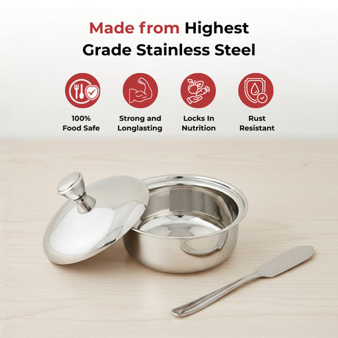 Vinod Stainless Steel Butter Pot with Butter Knife and Lid 100 gram Capacity Highest Grade Steel Rust Free Dishwasher Safe Tough Build