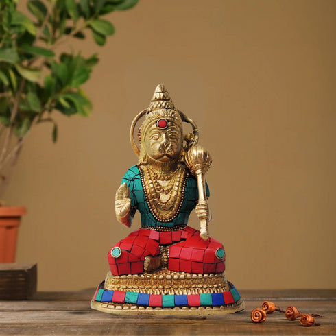 Brass Hanuman With Turquoise Coral Statue 1.346Kg