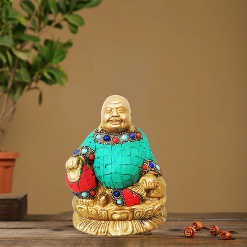 Brass Laughing Buddha Statue With Turquoise Coral 1.205Kg