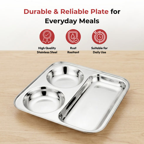 Vinod Stainless Steel 3 In 1 Compartment Plate with Round Edges Pav Bhaji Plate Idli Sambhar Plate Lunch Dinner Plate Pack of 2