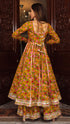 Pomcha Jaipur Yellow Cotton Hand Block Print Anarkali Plazo Set With Organza Dupatta
