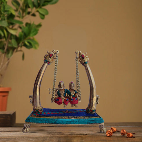 Brass Radha Krishna Jhula Stone God Statue 3.326Kg