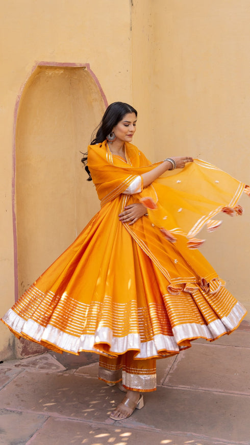 Pomcha Jaipur Amber Orange Taffeta Silk Anarkali Set