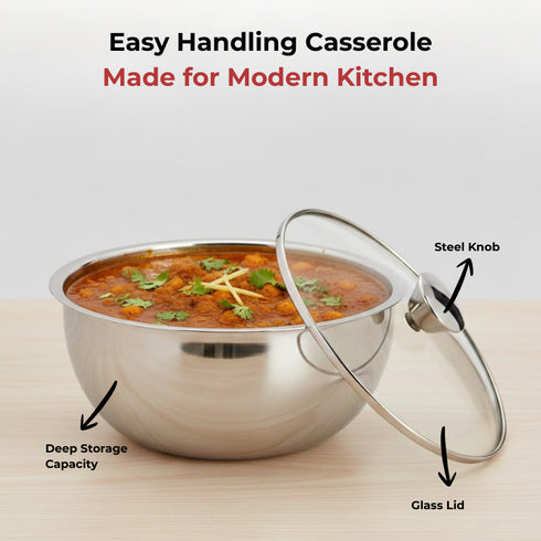 Vinod Stainless Steel Montero Insulated Casserole with Glass Lid and Steel Knob 1500 ml PUF PUF Coated High Quality Stainless Steel Rust Free