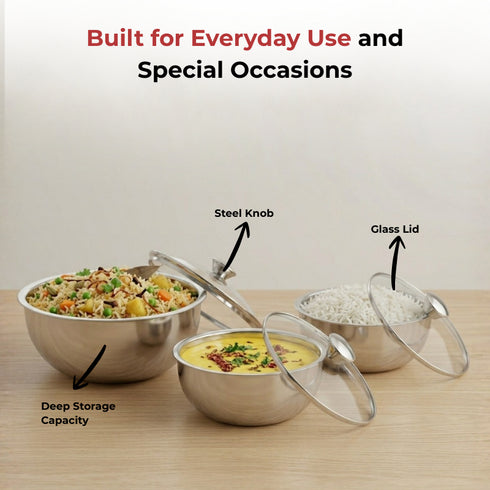Vinod Stainless Steel Montero Insulated Casserole with Glass Lids and Steel Knobs Set of 3 500 ml 900 ml and 1500 ml High Grade Steel and Rust Free