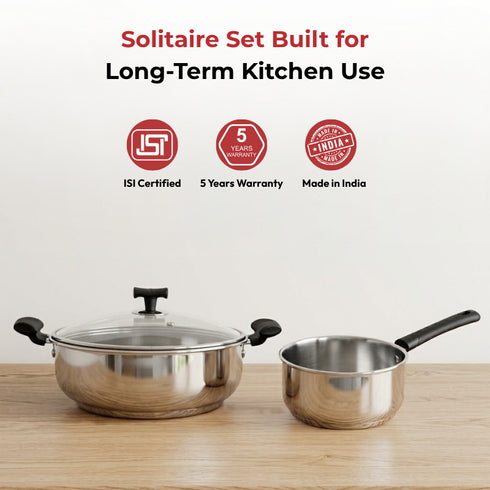 Vinod DONIV Stainless Steel Sandwich Bottom Solitaire Cookware Set 1 Pc Sauce Pan 1 Pc Kadhai with Glass Lid Induction Friendly Set of 2 Pcs