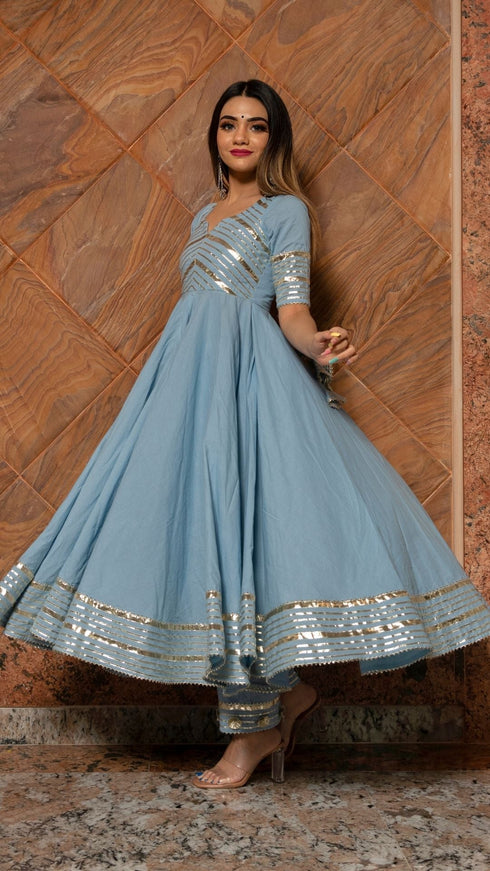 Pomcha Jaipur Powder Blue Pure Cotton Anarkali With Organza Dupatta Set
