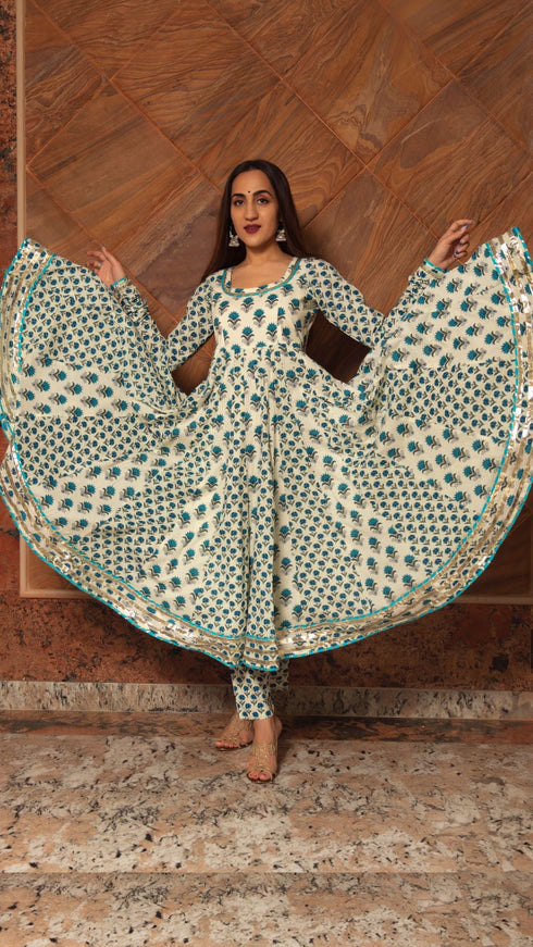 Pomcha Jaipur Paisely Cotton Kalidar Anarkali Set