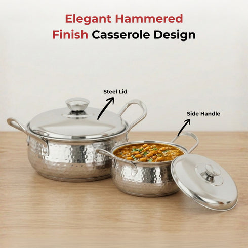 Vinod Stainless Steel Milano Hammered Serving Casserole with Steel Lids and Side Handles Set of 2 1230 ml 1630 ml High Grade Steel Rust Free