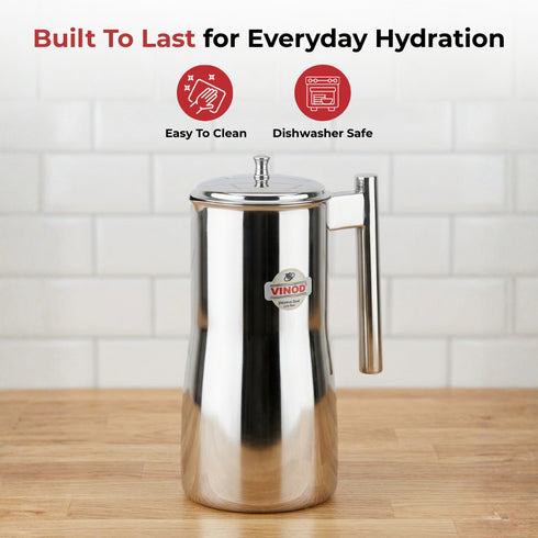Vinod Stainless Steel Magnum Water Pitcher Jug with Cover 1700 ml Mirror Finish Sturdy Tough Build Dishwasher Safe Leak Free