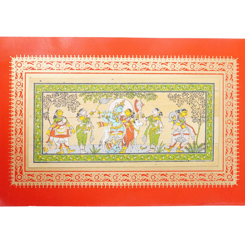 Palm Leaf Handmade Painting of Lord Krishna And Radha with Cow